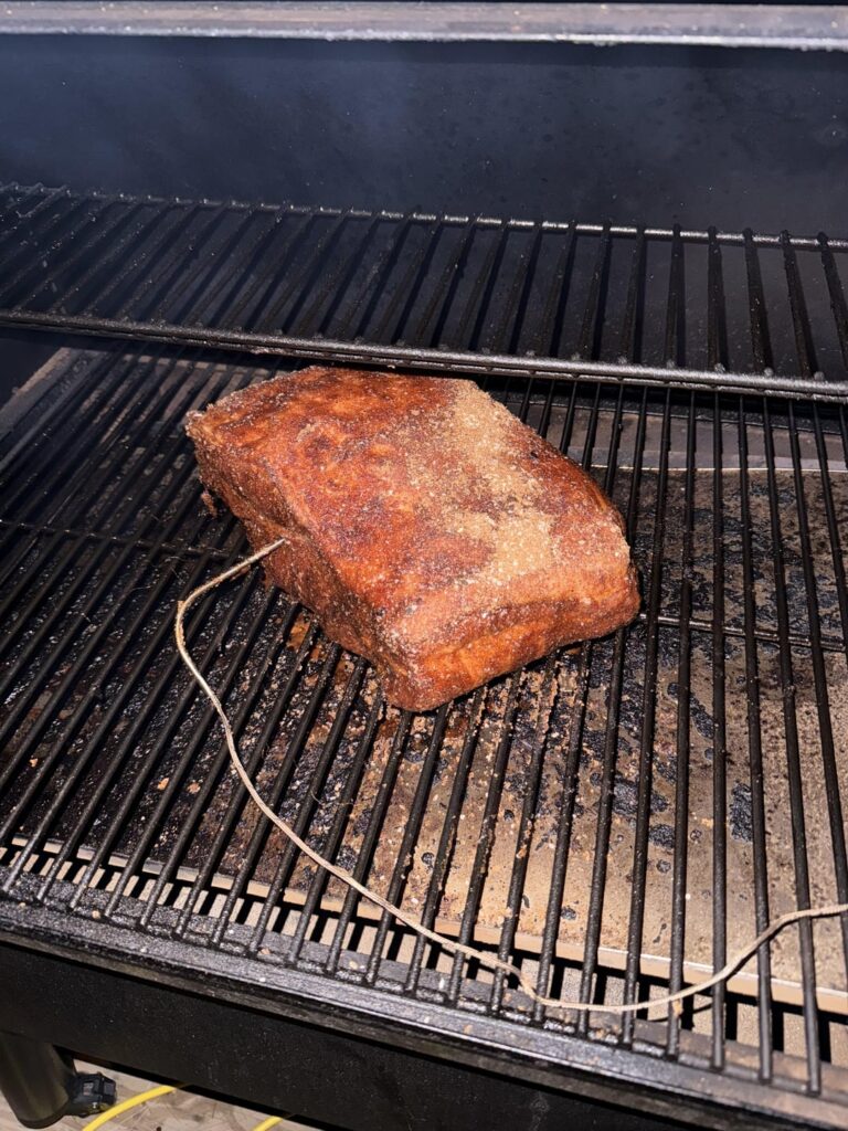 About a 14 pound pork shoulder. At 225° it cooked so much faster than what I see online