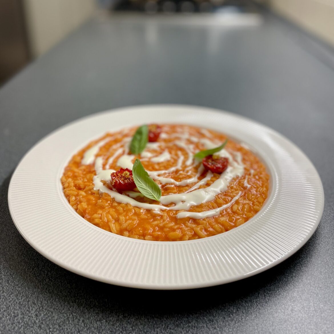 Confit Tomato Risotto with Pecorino Fondue and Basil