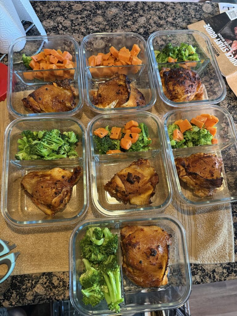 Chicken thighs, broccoli and sweet potatoes