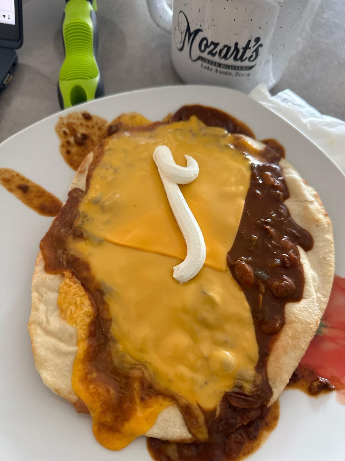 Five day old naan, wolf brand chili, clover valley American single, dole sour cream moneyshot