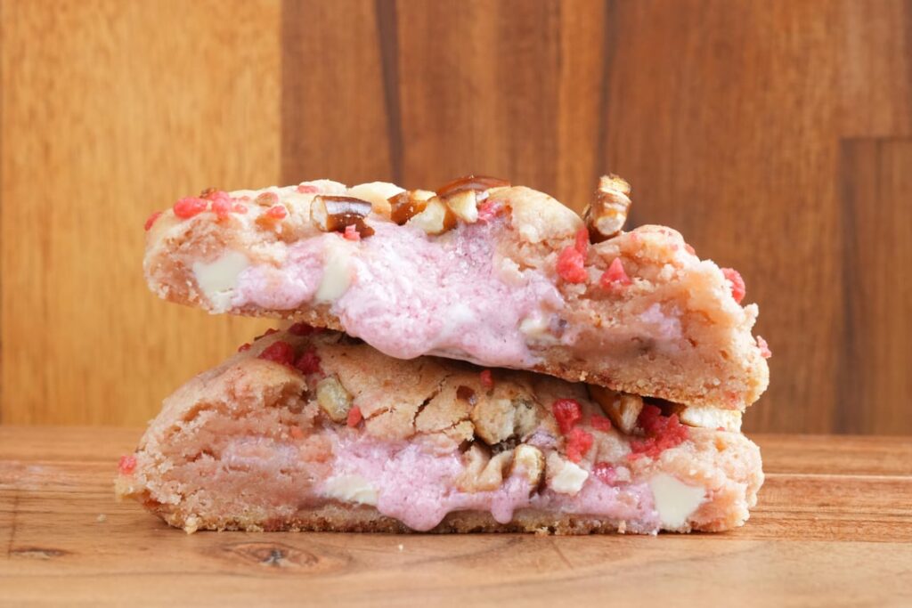 Strawberry Pretzel Salad Cookie stuffed with Strawberry Frosting