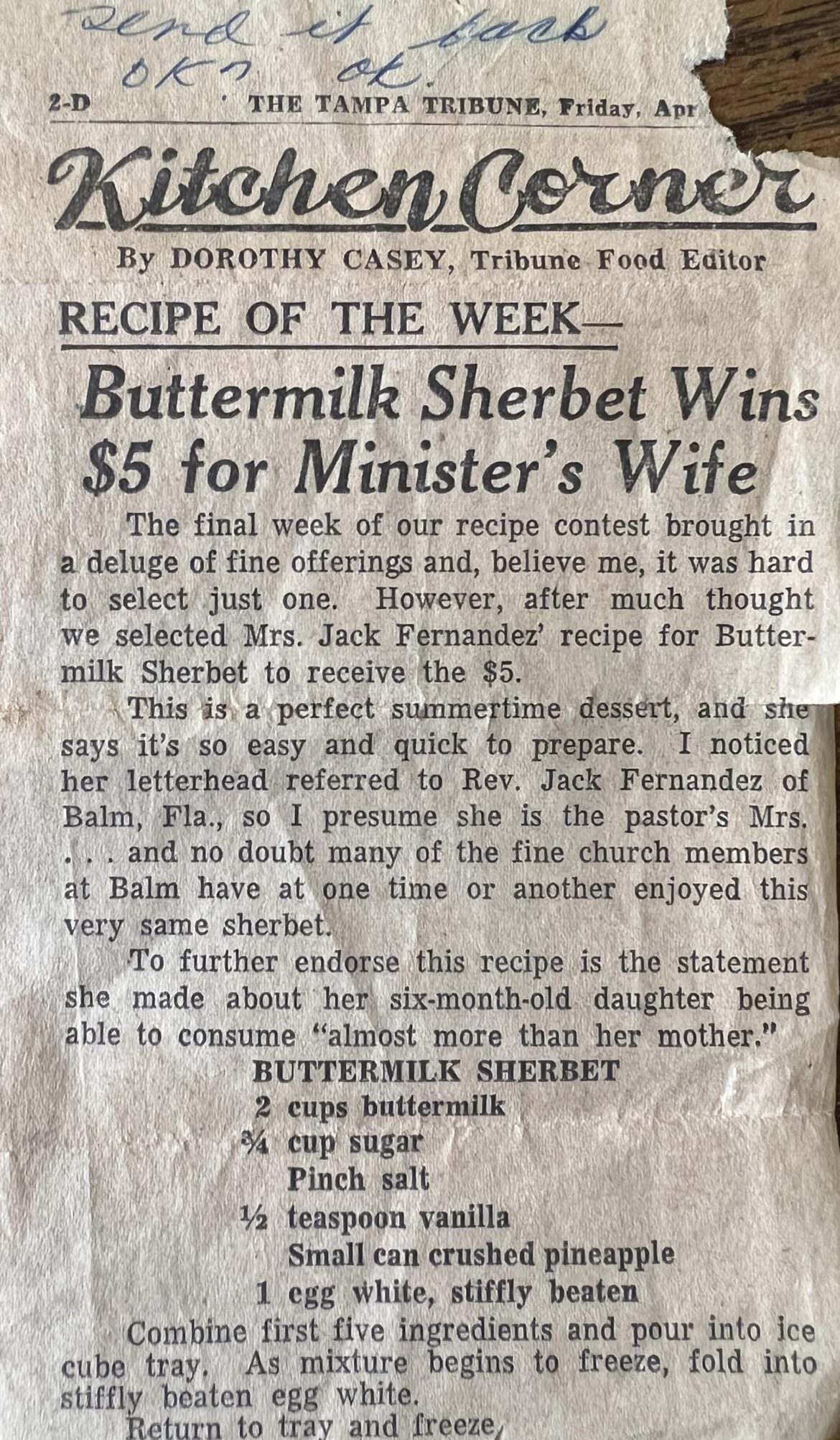 Grandma's 1959 Award Winning Buttermilk Sherbet Recipe