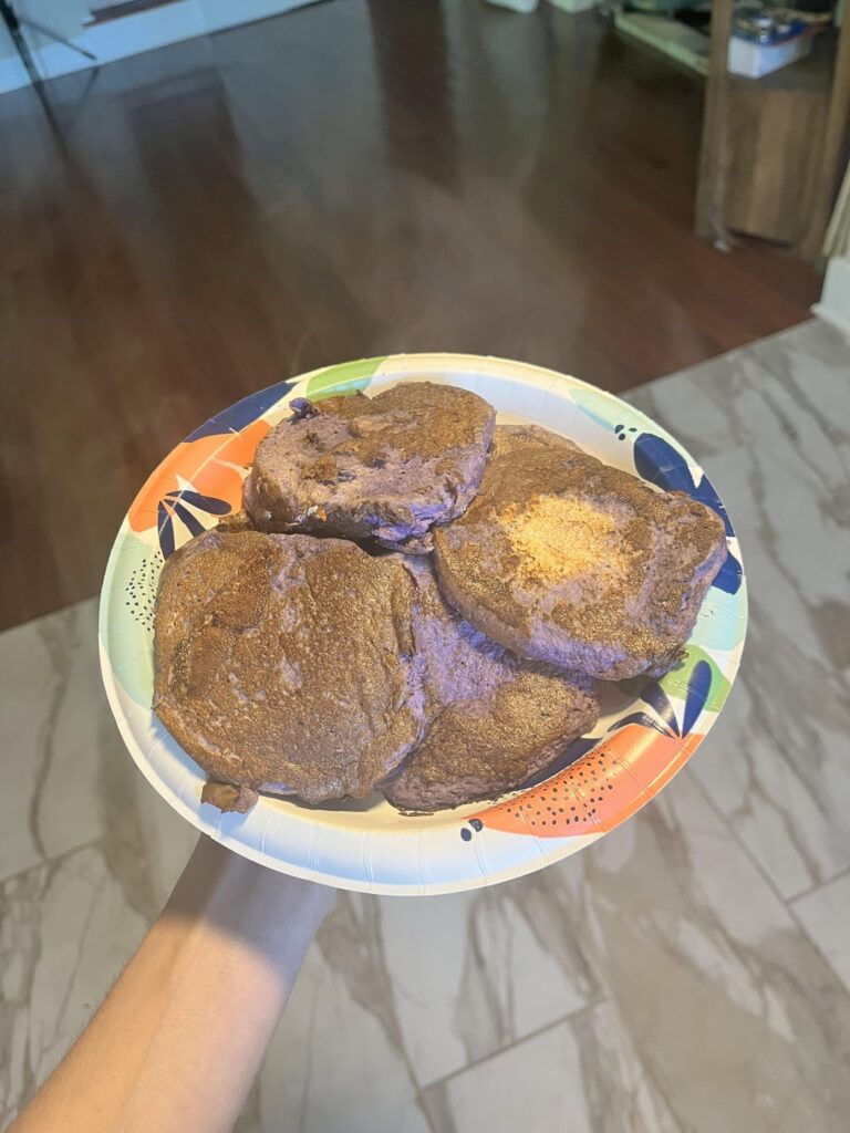 Ube French toast, 7 pieces for only 255 calories and 40g protein.