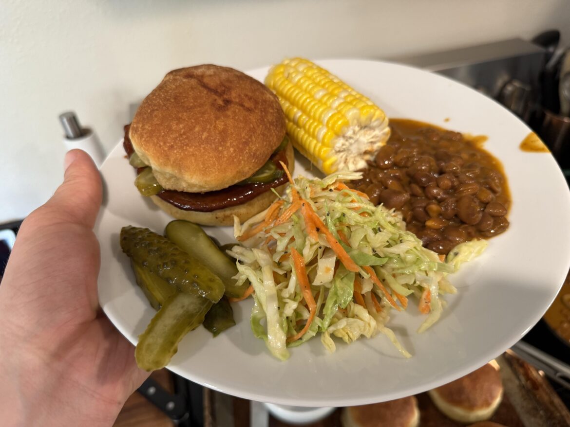 Seitan bbq burger.  Everything’s homemade except the beans.