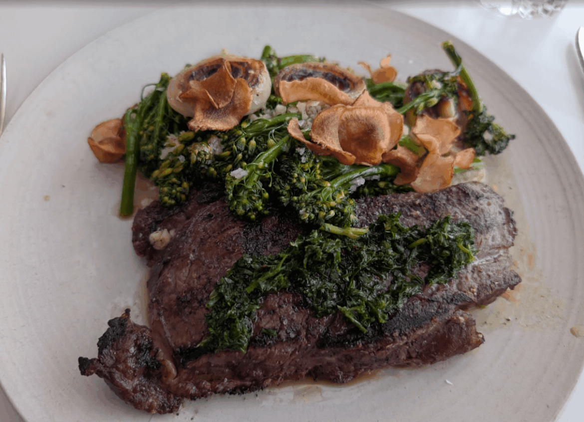 Ribeye with sunchokes, chimichurri, cippolini onions, broccolini