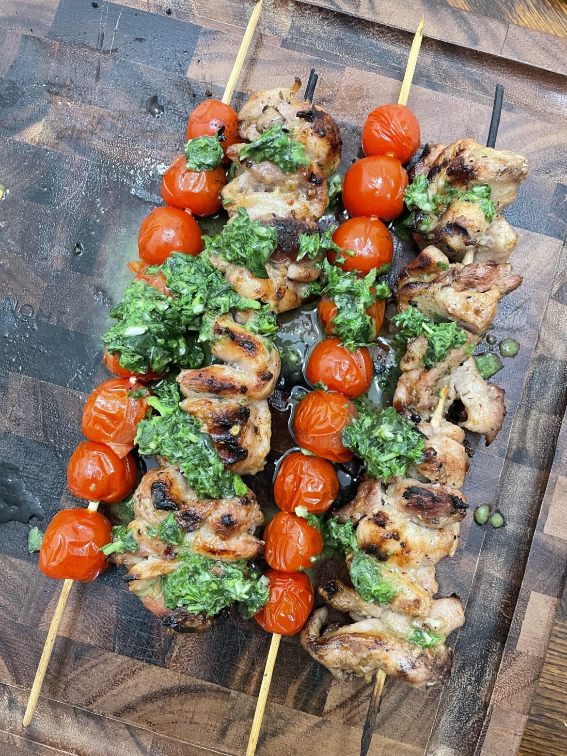 Grilled Lemon-Garlic Chicken and Tomato Kebabs With Basil Chimichurri Grilled Lemon-Garlic Chicken and Tomato Kebabs With Basil Chimichurri
