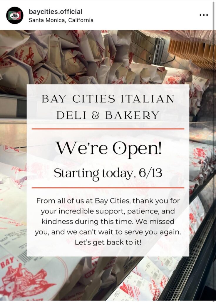 Bay Cities has reopened!
