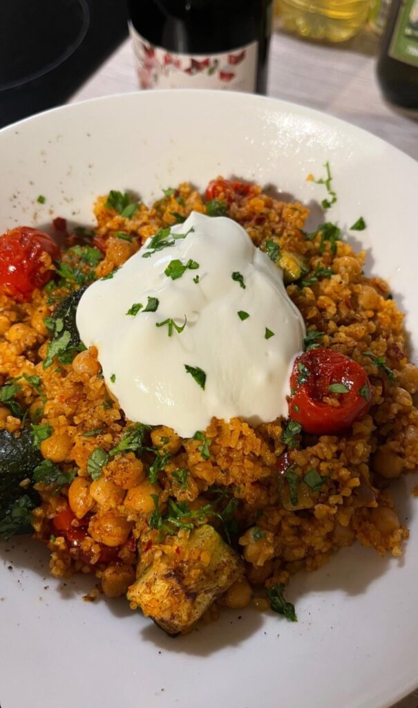 Bulgur wheat, chickpea, veg, Harissa traybake