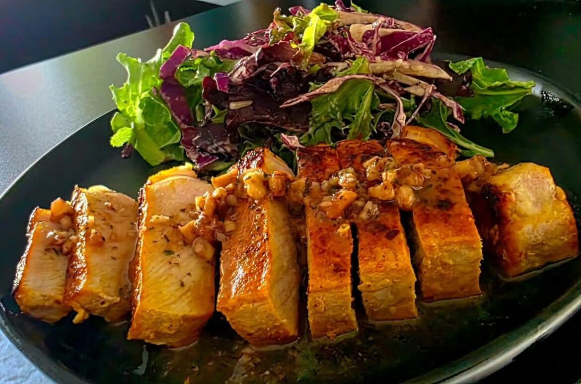 Pan seared Piri Piri chops with a blood red orange/honey walnut glaze. The spring greens were nice too I guess. Low carb deliciousness