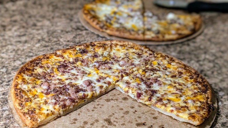 Close-up of Tombstone French Fry Style Crust Loaded Bacon Cheddar Pizza