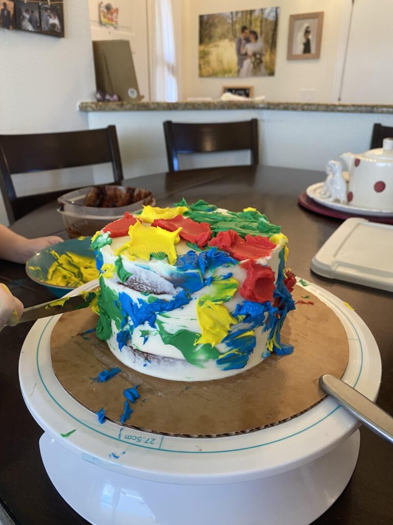 So my son was pretty bummed he couldn’t help me with the previous cake I made, so we made a cake together for Father’s Day. I let him put the frosting on and then I cleaned it up for him