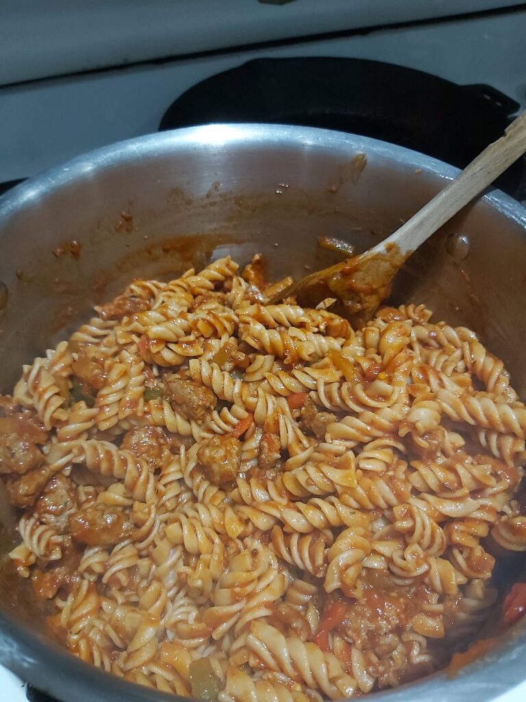 Rotini w/ground Italian sausage, peppers, onion, and matinara