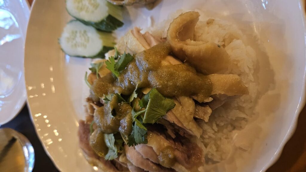 Hainanese chicken rice, papaya salad and drunken noodles from Zabb Putawn in Brooklyn.
