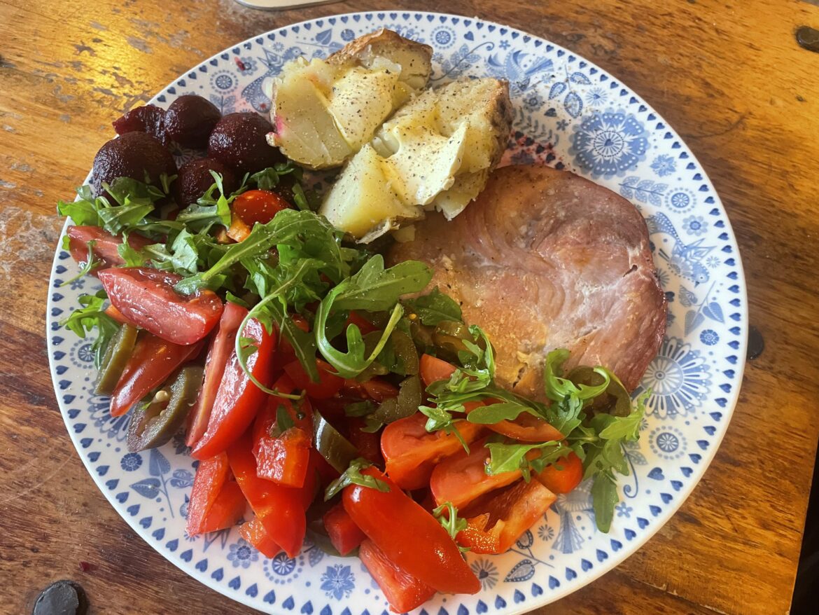 Gammon steak, jacket potato with salad.
