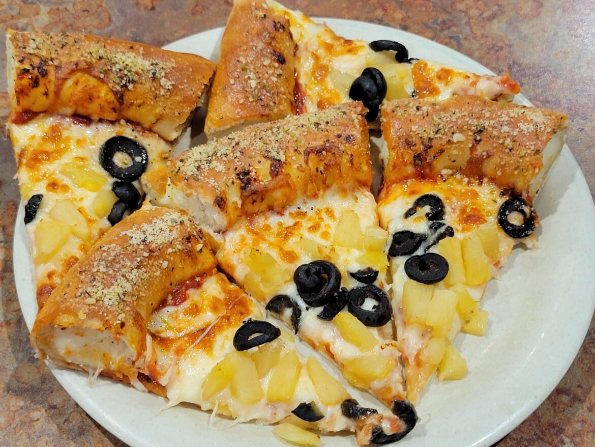 Pizza Time: Stuffed crust black olives and pineapple.