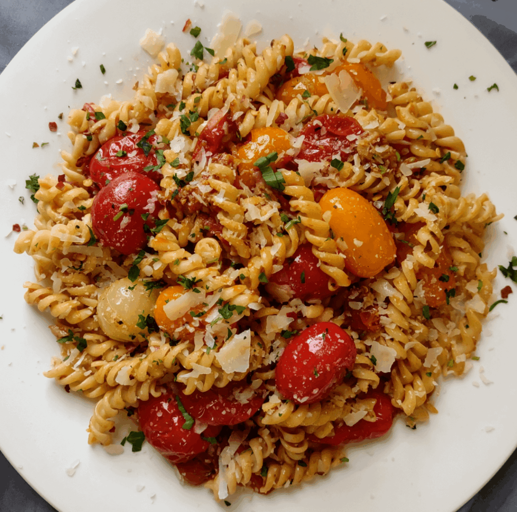 Fusilli with homemade spicy burst cherry tomato sauce