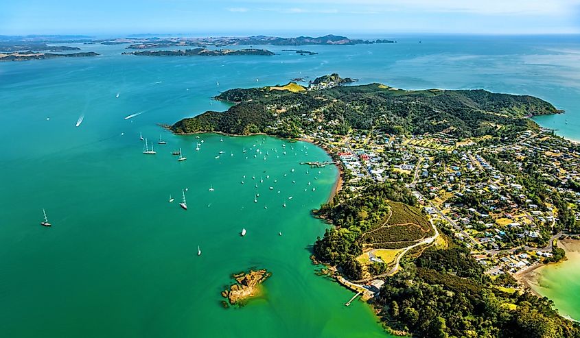 Aerial view of town Russell, North Island, New Zealand, Oceania. 