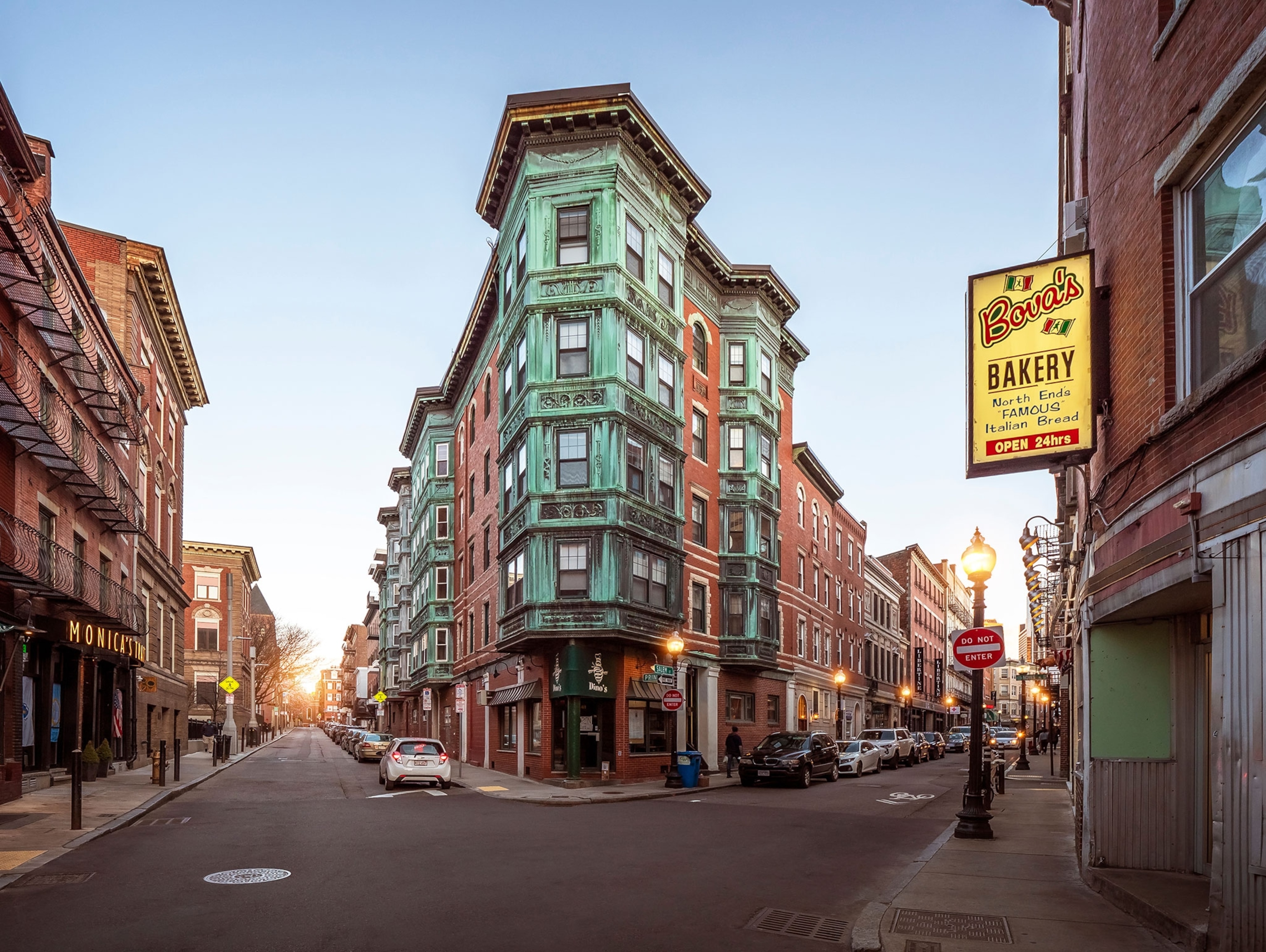 The historic architecture of Boston in Massachusetts, USA at Little Italy neighborhood at sunset.