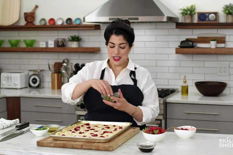 Rachel Levin making a dessert in the kitchen for a Skillshare class