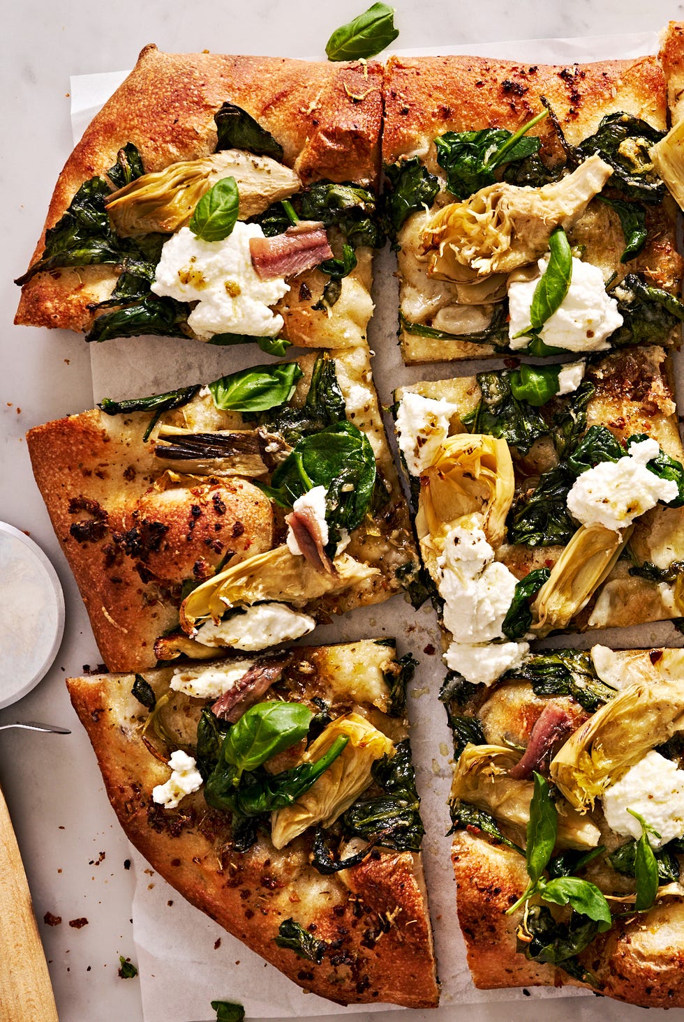 spinach artichoke flatbread with artichokes, spinach, and ricotta
