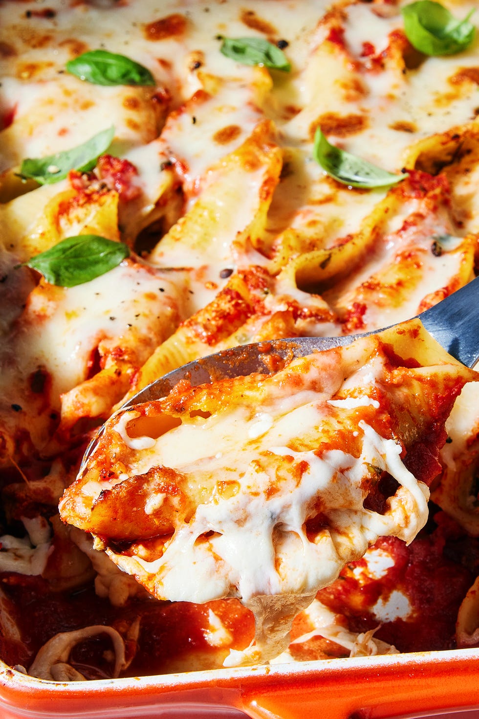 stuffed shells with marinara sauce mozzarella ricotta cream cheese and pecorino
