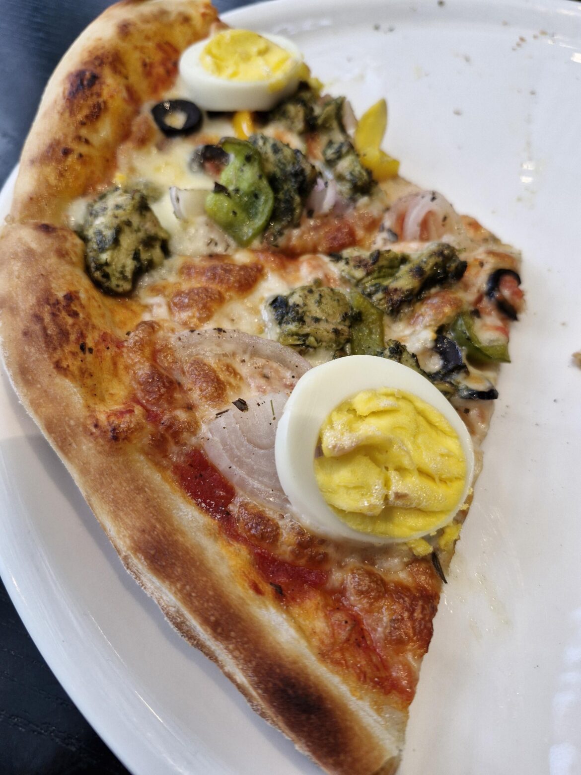 Boiled eggs on a pizza?