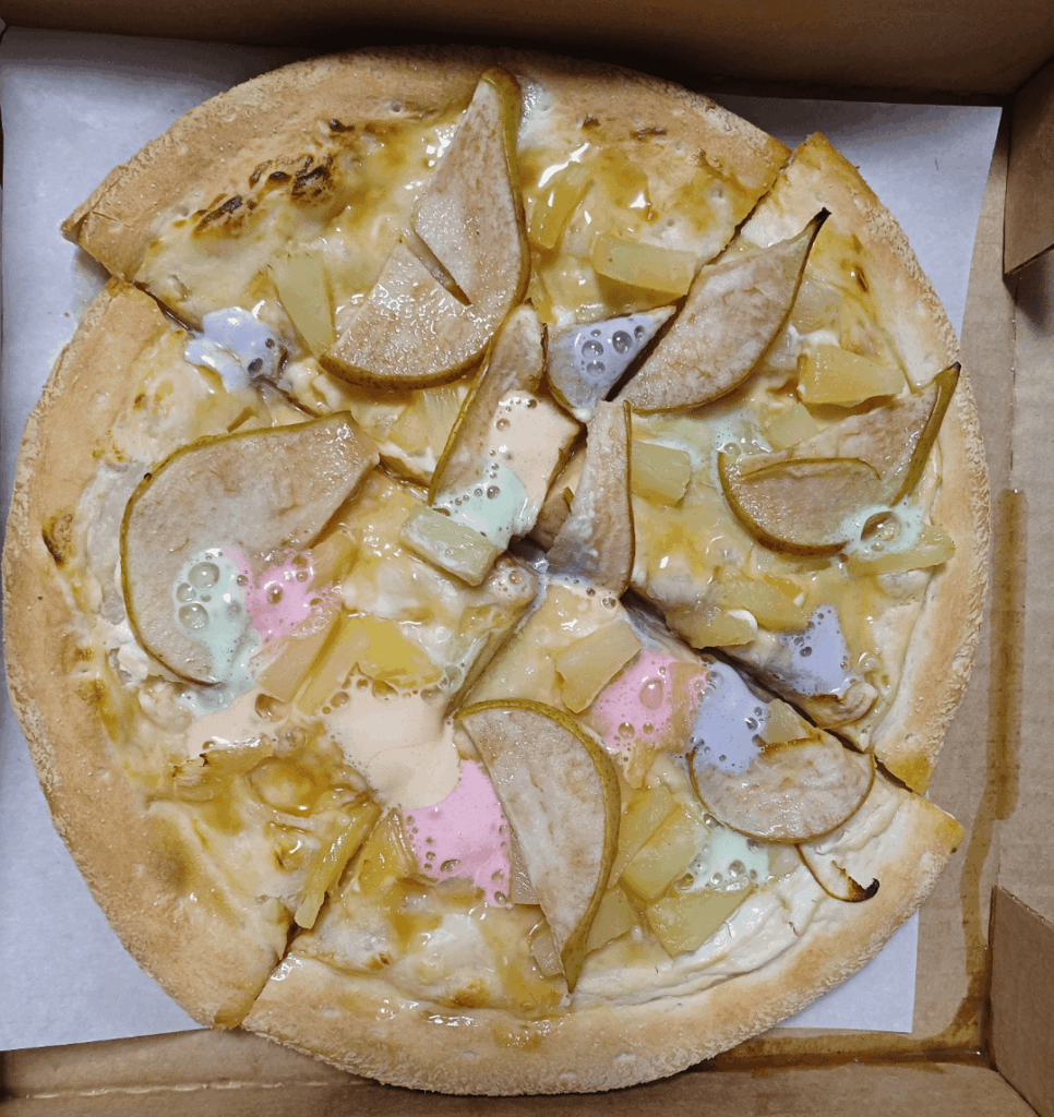 Marshmallow, pear, pineapple, caramel pizza