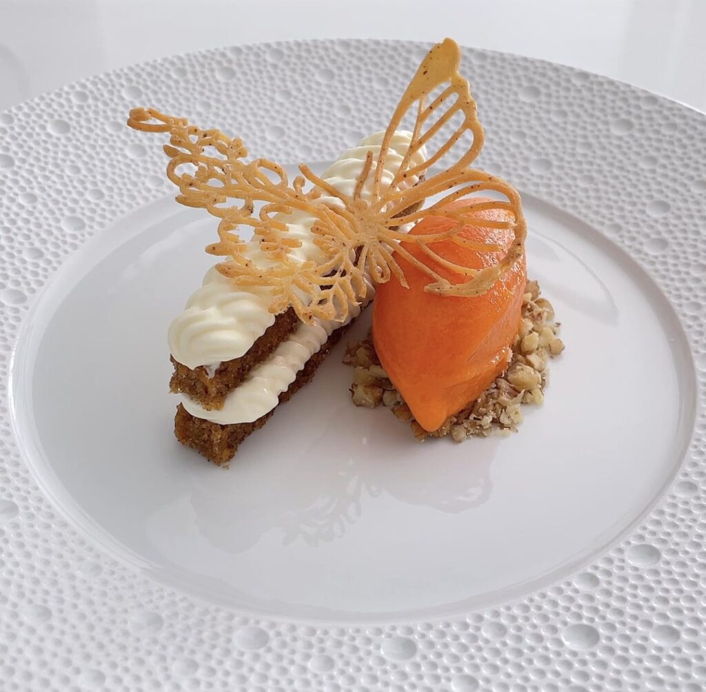 Carrot Cake with Cream Cheese Mousse, Carrot Sorbet & Brown Butter Tuile