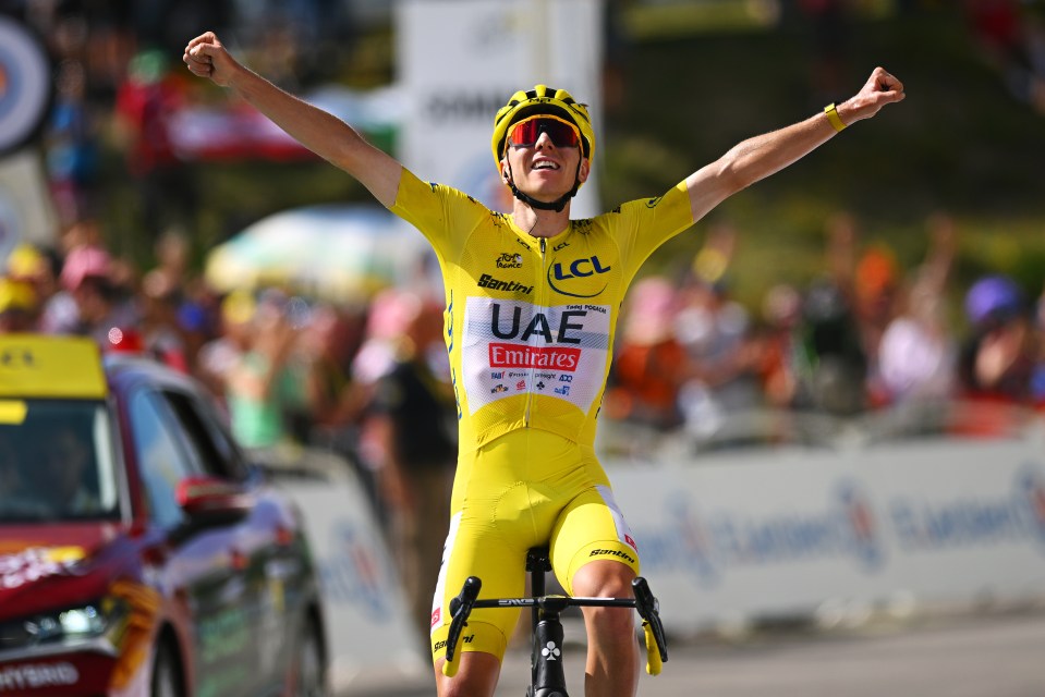 Tadej Pogacar of UAE Team Emirates celebrates winning a Tour de France stage.