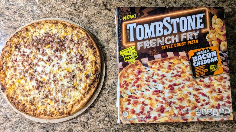 Tombstone French Fry Style Crust Loaded Bacon Cheddar Pizza alongside box