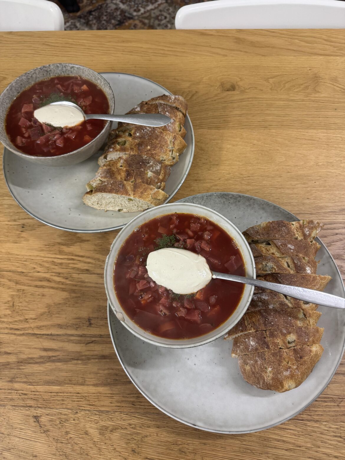 Borscht made with home-grown Beetroot and dill, served with Homemade pickle and dill baugettes en Cashew cream