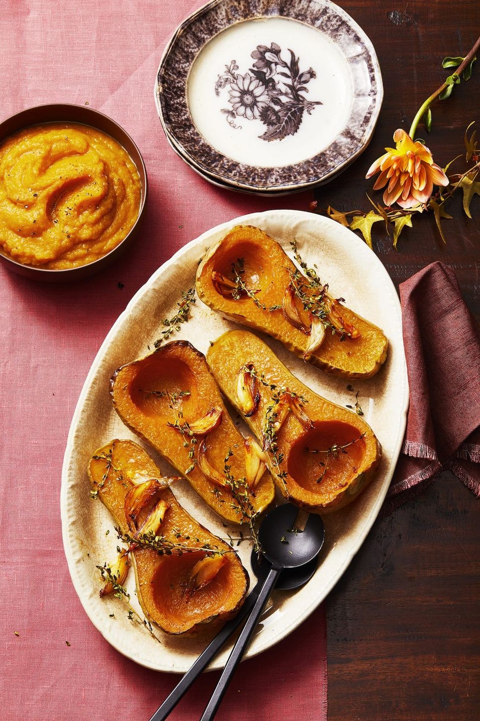 thyme and shallot roasted butternut squash on a white plate