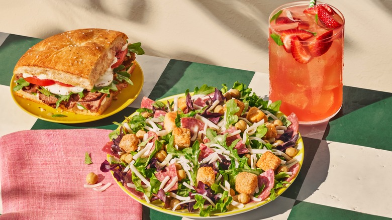 Panera's Italian Steak & Mozz sandwich, Italian Market Salad, and Strawberry Basil Lemonade Fresca