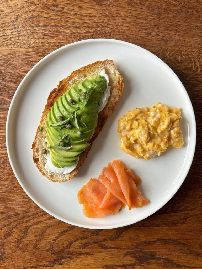 [OC] Avocado toast with cream cheese, scrambled eggs and smoked salmon
