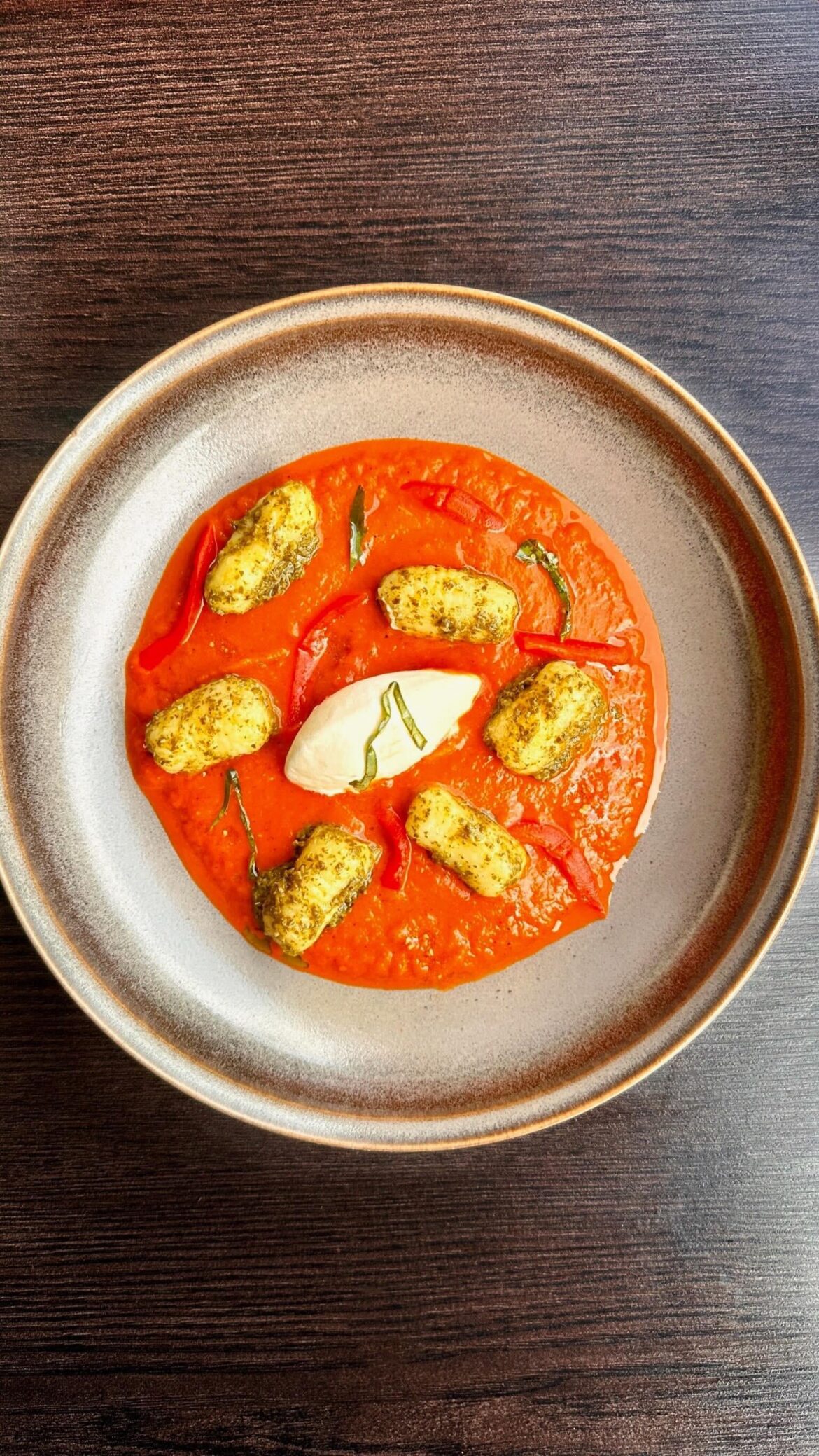 Heirloom tomato, sumac velouté, pesto gnocchi, etc.