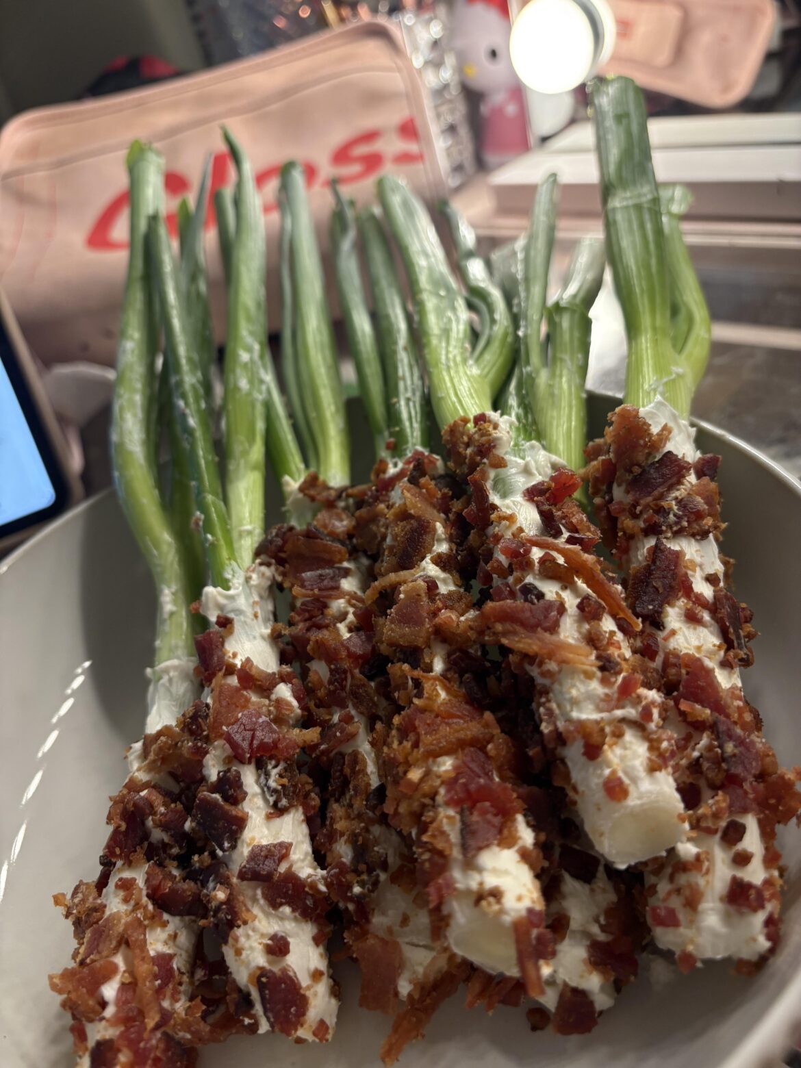 Green onion, cream cheese, and bacon