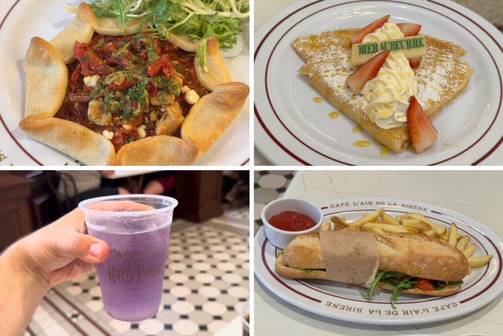 A collage shows Cafe L’air Sirène’s savory pastry, dessert crepe, purple drink, and sandwich with fries.