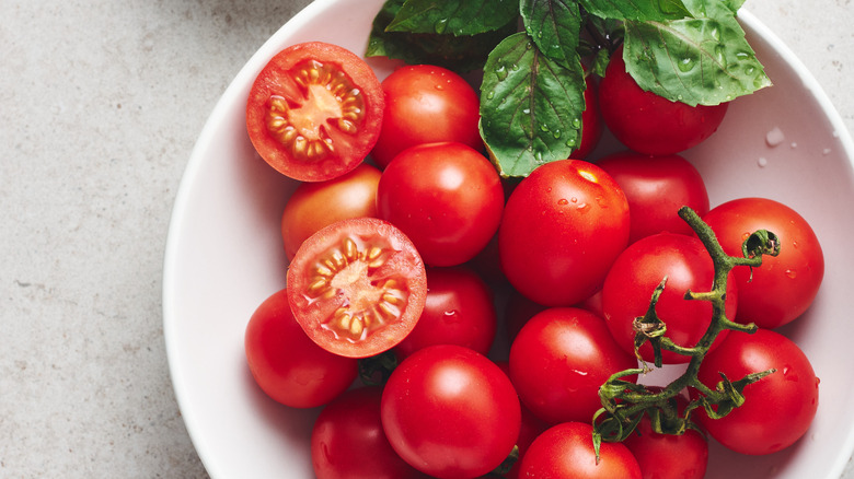 Dish of cherry tomatoes and olive oil