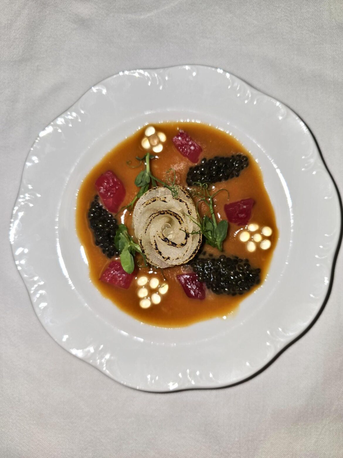 Pear rosette, tuna, caviar, ponzu emulsion, yuzu pearls