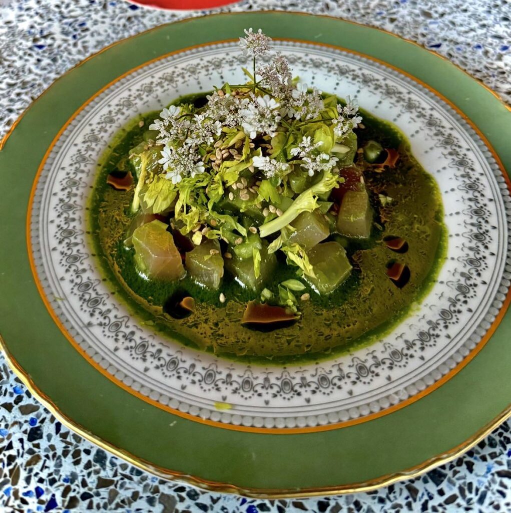 Yellowtail Ceviche, sweet onion, celery, herb sauce, white soy, sesame