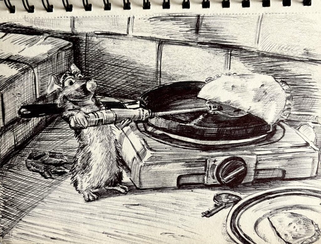 I drew a sketch of a kitchen scene from Ratatouille. Remy serving you an omelette