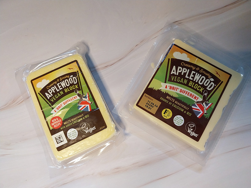 Vegan cheese: vegan applewood cheese in old and new packaging