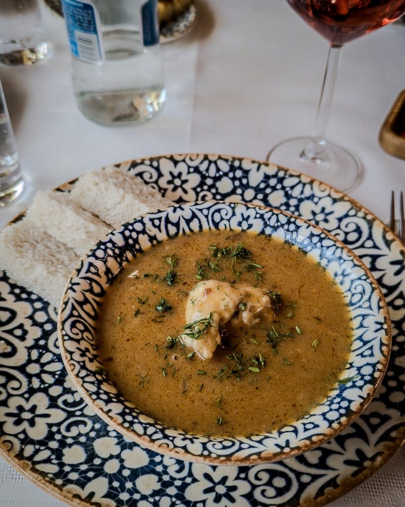 Gagauz lunch: manja (chicken with gravy) and beans stew