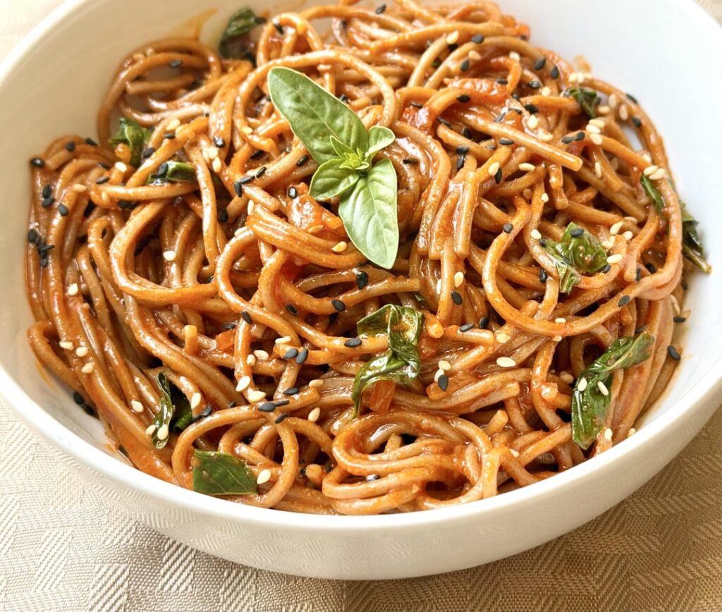 Soba noodles with spicy Gochujang sauce.