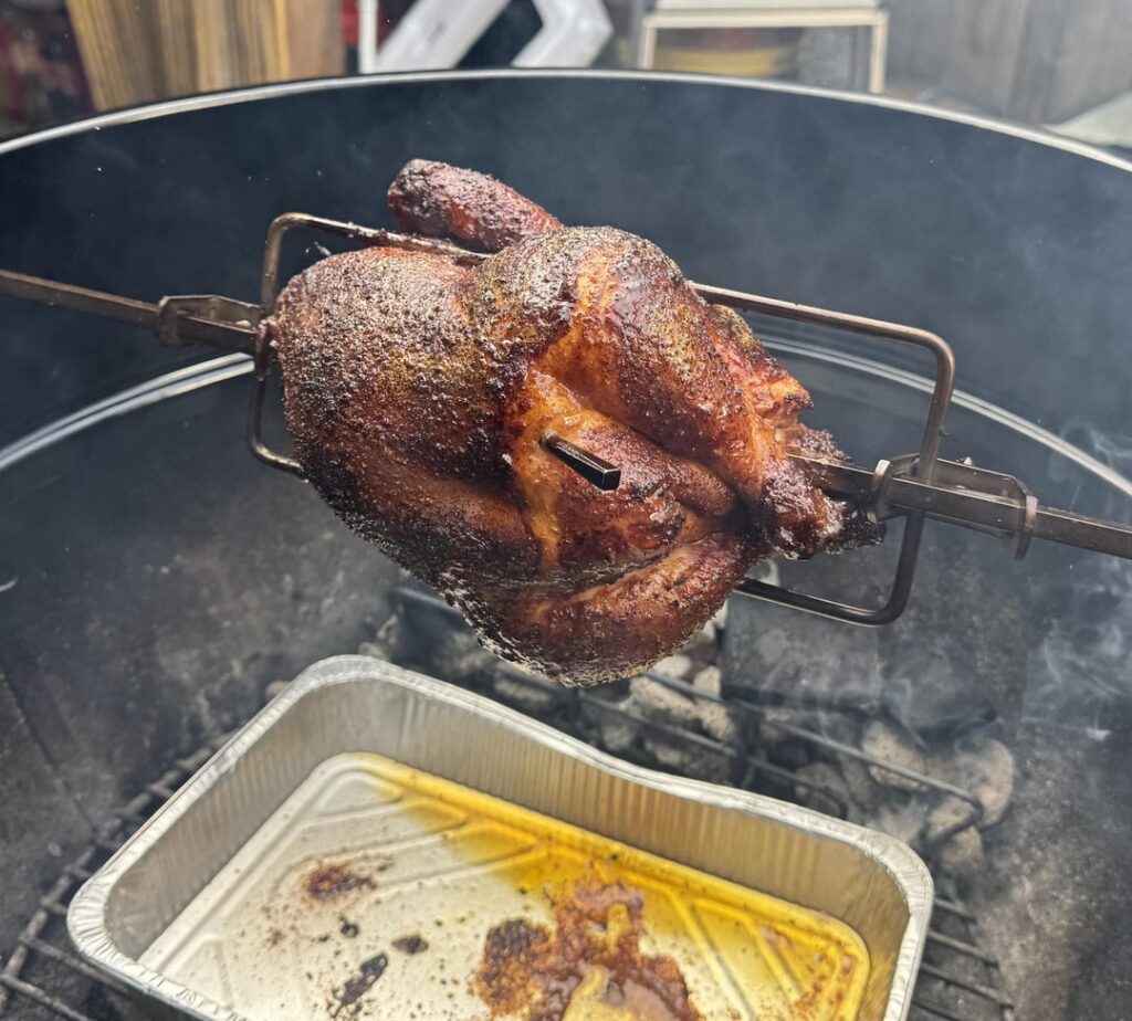 First time cooking a whole chicken on the weber with the rotisserie