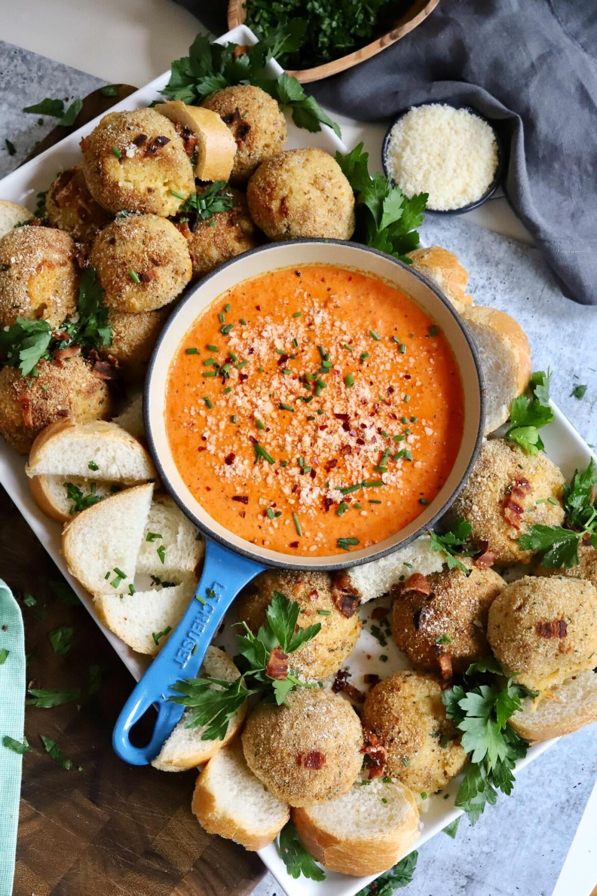 Air Fryer Arancini Balls with Creamy Red Pepper Sauce
