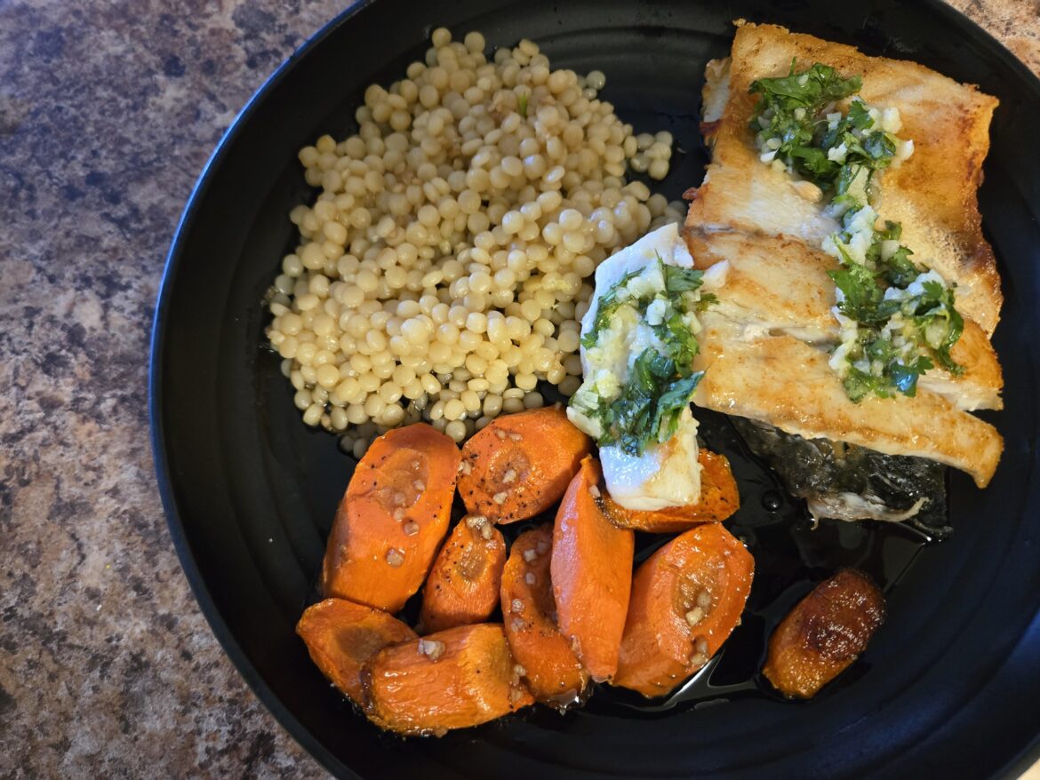 Barramundi with Zesty Cilantro Sauce with Lemony Carrots and Couscous
