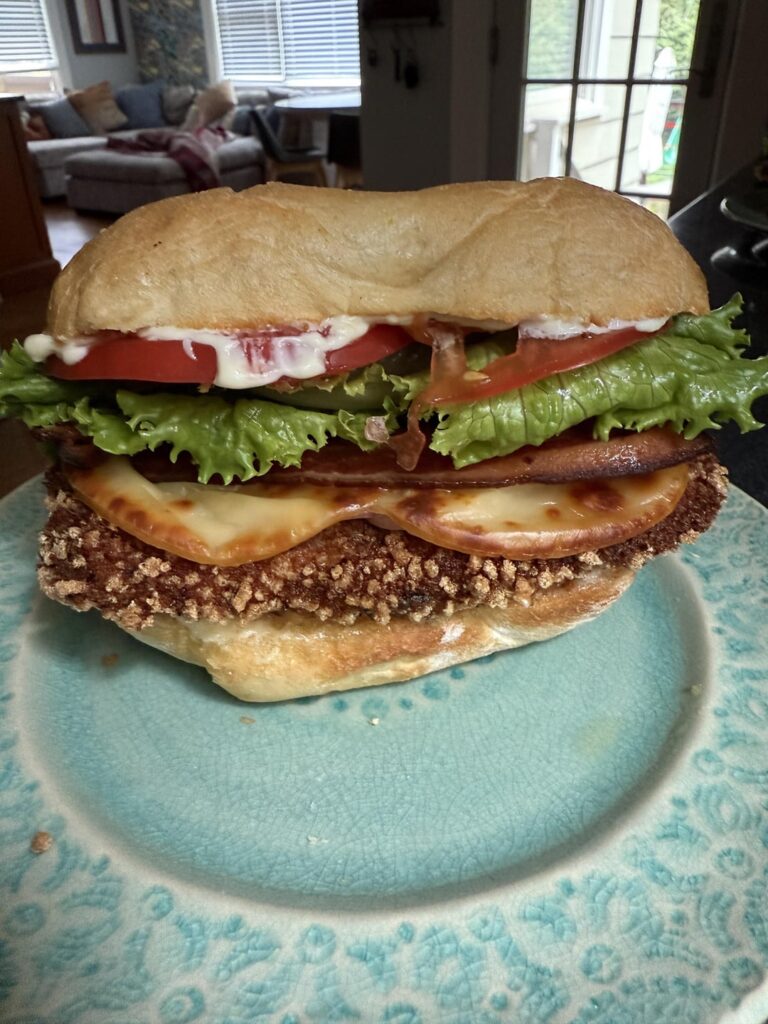 Chicken cutlet on Portuguese roll with onions, smoked and melty-Gouda. What would you pay for this sandwich where you live?