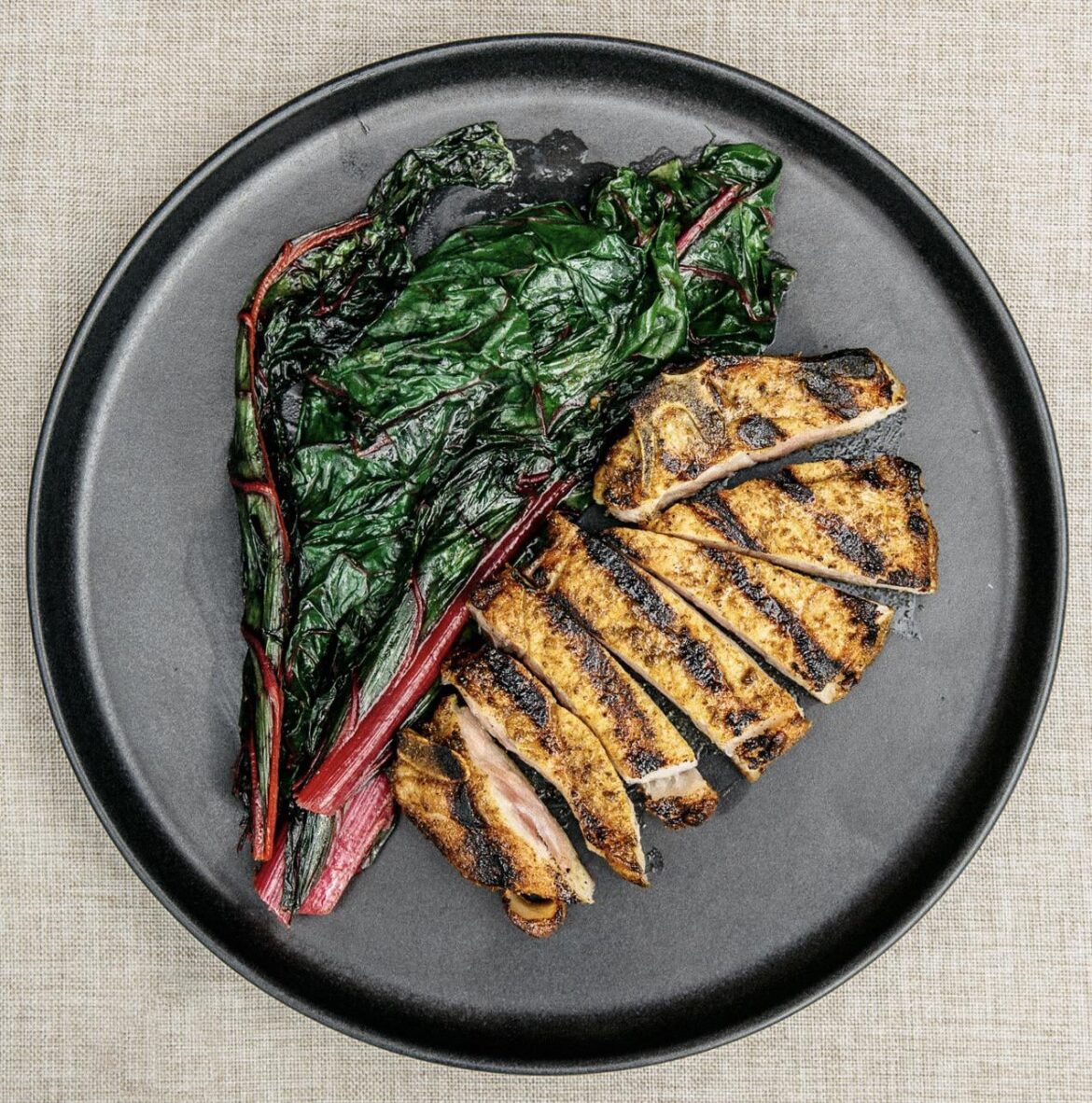 Brined and Curry-Dry Rub Pork Chops, with Swiss Chard [oc]