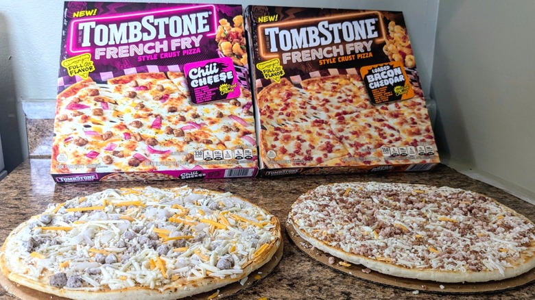 Uncooked Tombstone French Fry Style Crust Pizzas with boxes in background